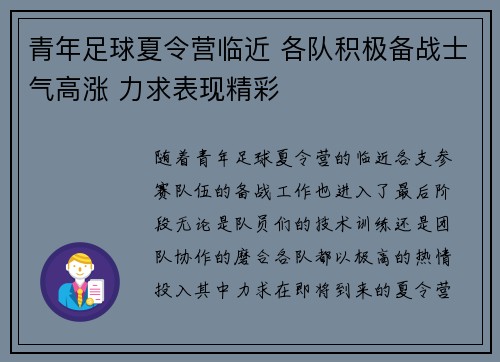 青年足球夏令营临近 各队积极备战士气高涨 力求表现精彩