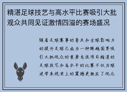 精湛足球技艺与高水平比赛吸引大批观众共同见证激情四溢的赛场盛况